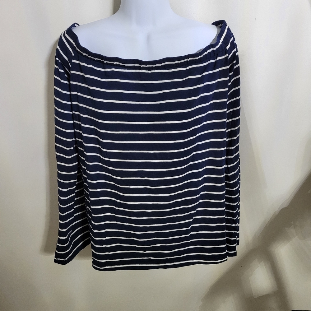 Kate Kasin Navy Striped Off-Shoulder Top, Size XL